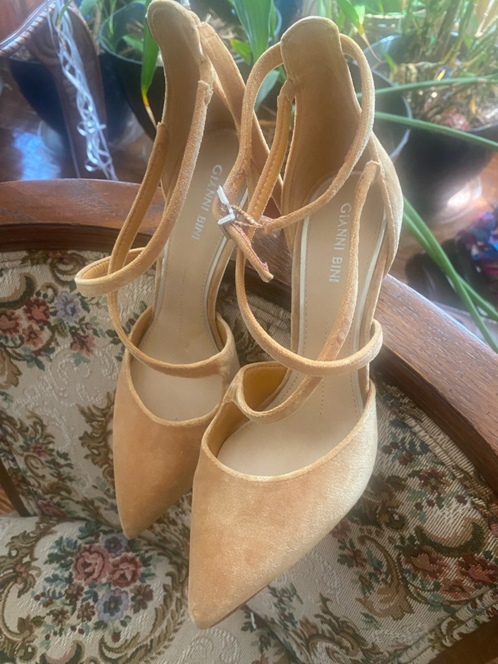 Gianni Bini Gold Velvet Pointed Toe Strappy Heel